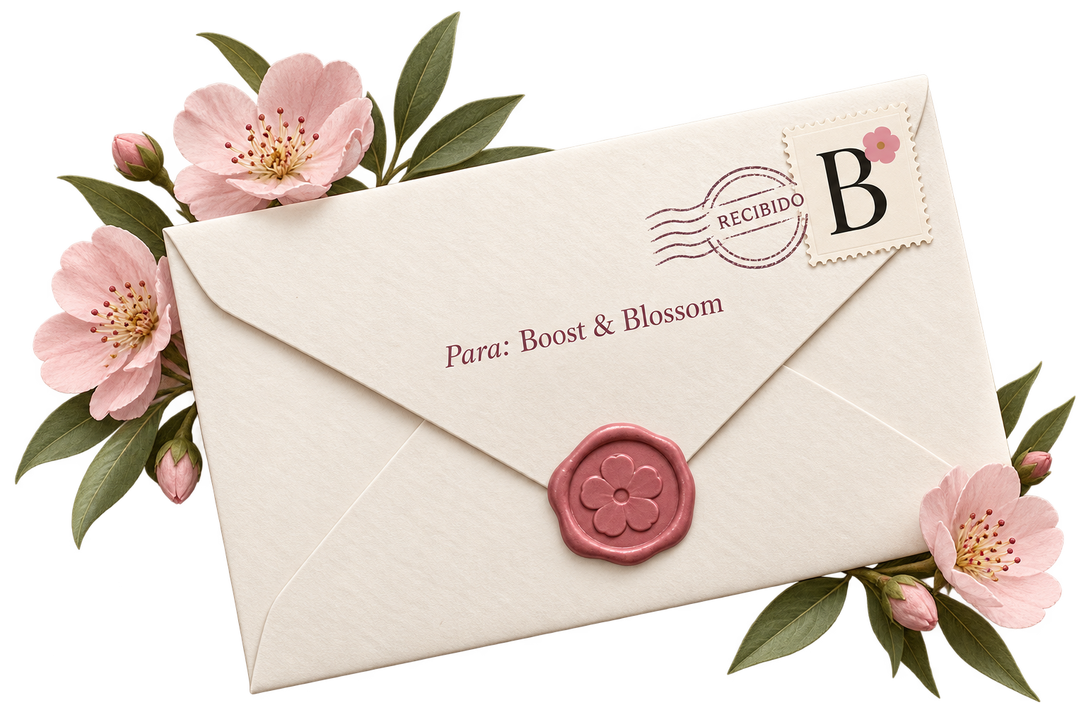 Sobre para Boost & Blossom, con flores y un sello de recibido con nuestra B.