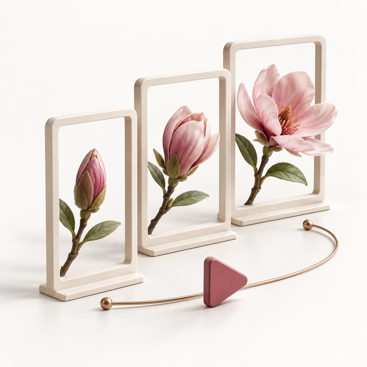 Tres escenas de una flor abriéndose, junto a un símbolo de reproducción