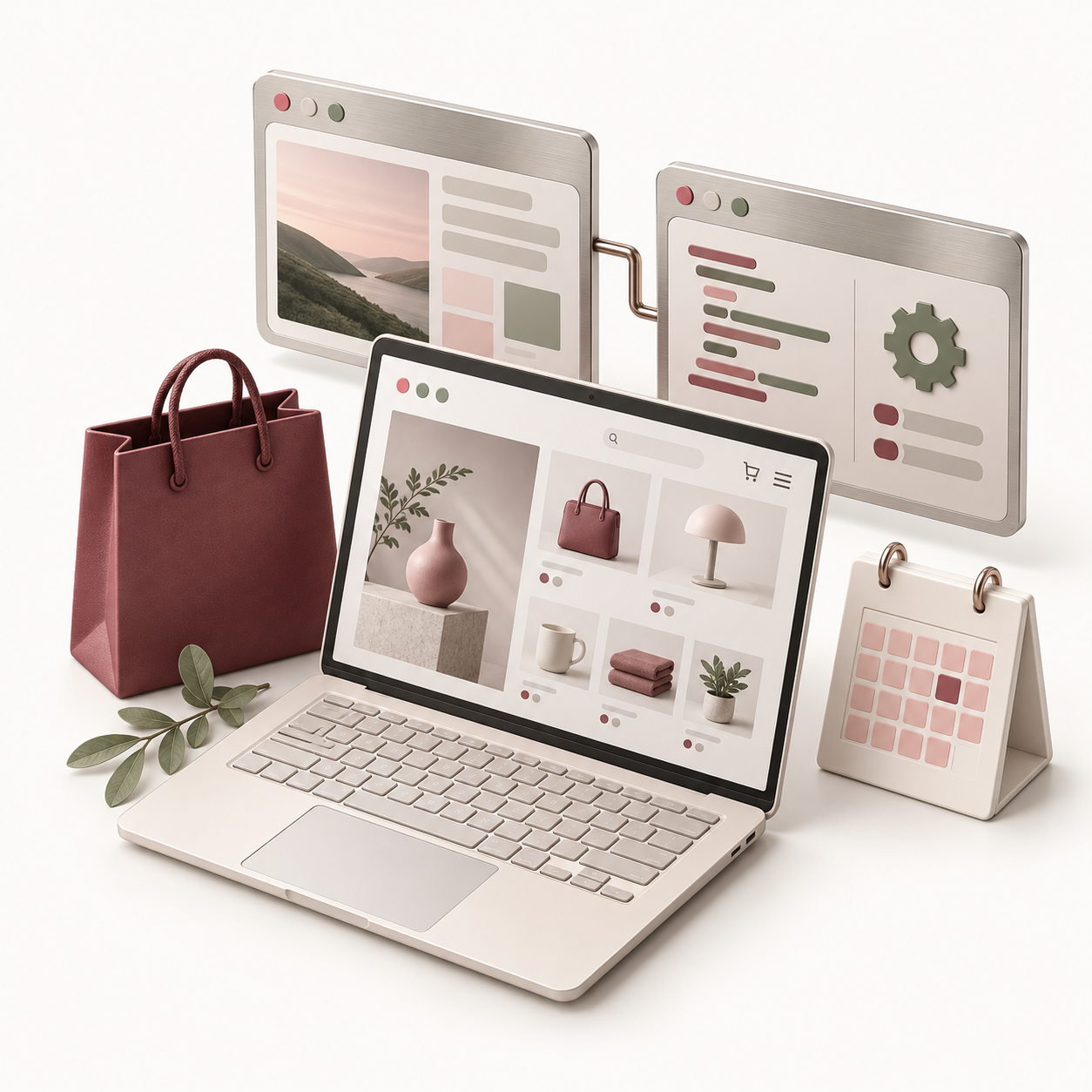 Portátil con una tienda online, calendario de reservas y módulos conectados