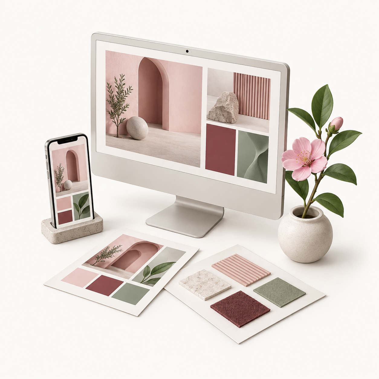 Composición de una web en ordenador y móvil con muestras de color y una flor rosa