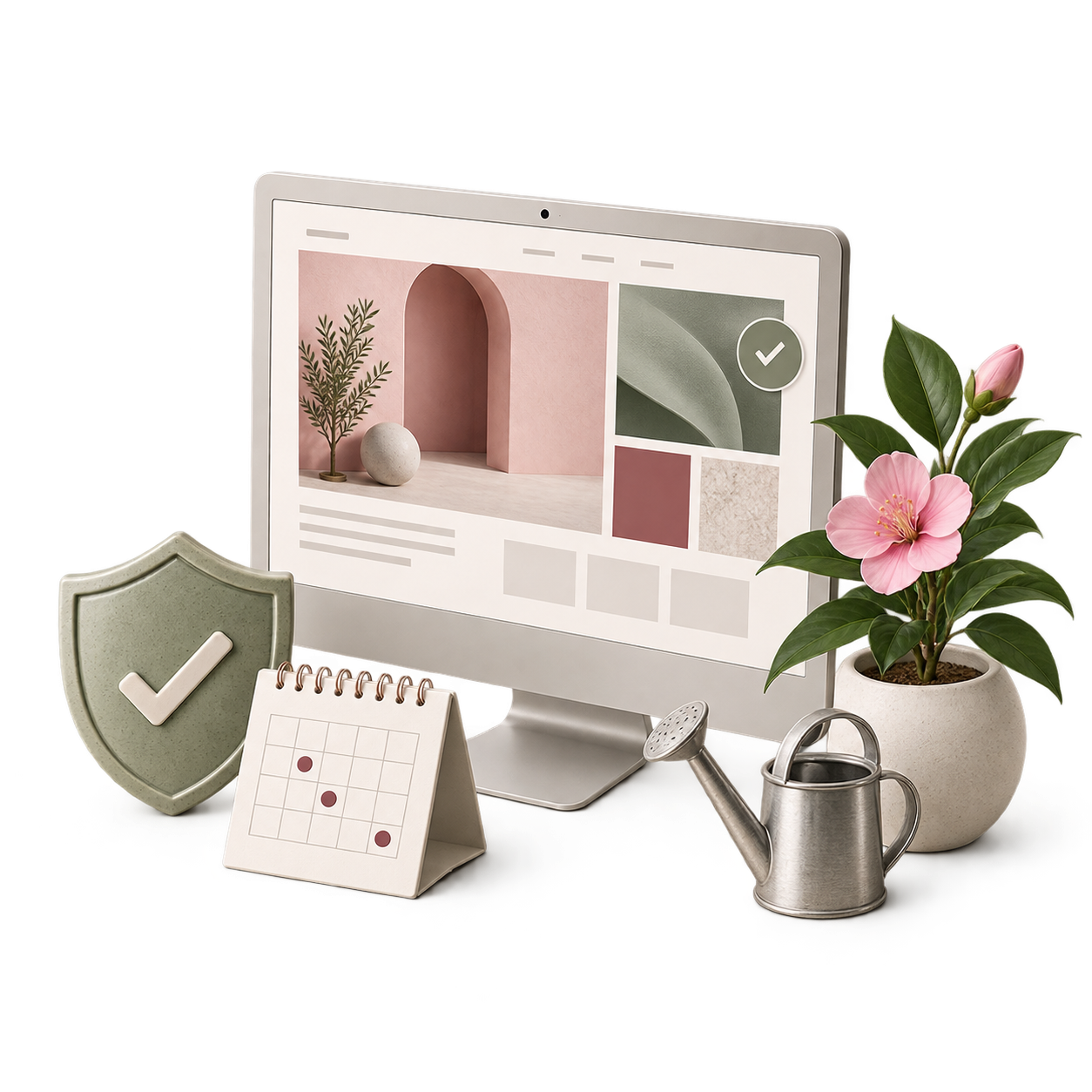 Una web revisada junto a un calendario, un escudo y una planta cuidada